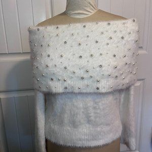 White fuzzy pearl and gem sweater